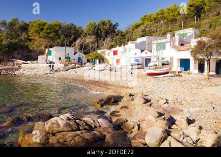 Vue sur le village de pêcheurs depuis la pointe de la crique nord de s'Alguer. Palamos, Costa Brava, Catalogne, Espagne Banque D'Images