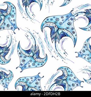 Motif d'aquarelle et d'encre de Manta ray Sea Animal Banque D'Images