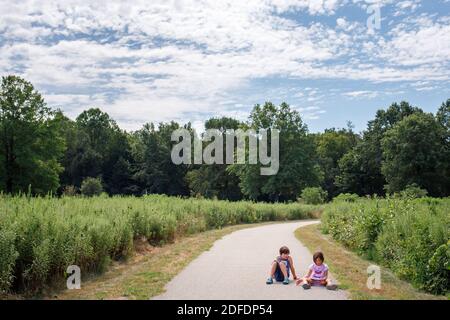 Deux petits enfants s'assoient ensemble sur un sentier à travers un pré dans un parc Banque D'Images