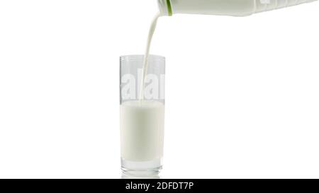 Verser du lait frais de kéfir dans une bouteille dans un verre isolé sur un gros plan blanc. Banque D'Images