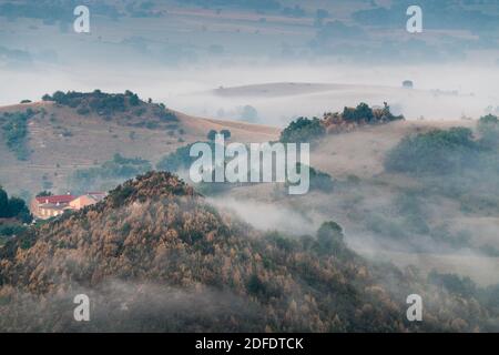 Vue aérienne du village de Roquefort-sur-Soulzon dans le paysage, France, Europe. Banque D'Images