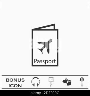 Passeport voyage icône plate. Pictogramme noir sur fond blanc. Symbole d'illustration vectorielle et bouton bonus Illustration de Vecteur