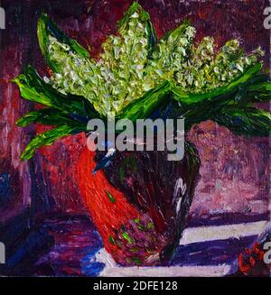 Peinture à l'huile originale sur toile montrant le Lily de la vallée en vase, Convallaria majalis, bouquet de fleurs . Banque D'Images