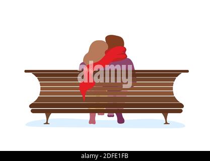 Couple amoureux assis sur le banc du parc. Une jeune fille aimante épouse un gars en foulard rouge long. Homme et femme romantique relation vecteur isolé eps illustrati Illustration de Vecteur