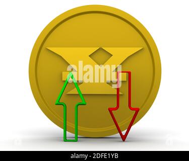 Dynamique du yuan chinois. Pièce d'or avec le symbole de la monnaie chinoise (yuan) et les flèches (vert et rouge) sur la surface blanche. Illustration 3D Banque D'Images