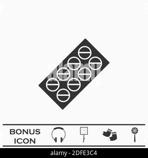 Comprimés blister pack icône plat. Pictogramme noir sur fond blanc. Symbole d'illustration vectorielle et bouton bonus Illustration de Vecteur