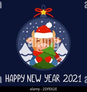 Boule de Noël avec image de taureau avec arbre. Bœuf avec sapin. Symbole du nouvel an chinois 2021. Carte de vœux de Noël, motif poster. Illustrateur de vecteur Illustration de Vecteur
