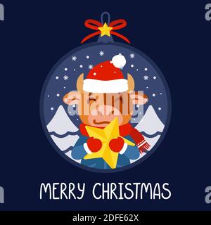 Boule de Noël avec l'image d'un taureau tenant une étoile jaune. Le symbole du nouvel an chinois 2021. Carte de vœux avec ox pour le nouvel an et Chris Illustration de Vecteur