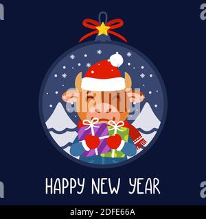Boule de Noël avec l'image de taureau tenant des cadeaux. Le symbole du nouvel an chinois 2021. Carte de vœux avec un bœuf pour le nouvel an et Noël. Illustration de Vecteur