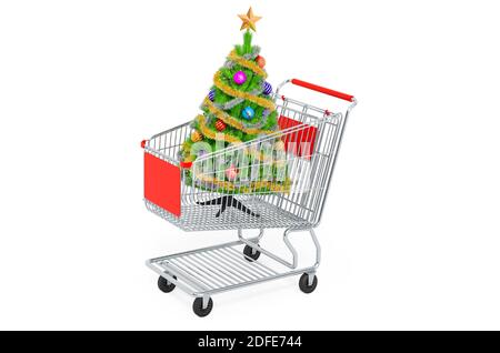 Vente de Noël et concept de shopping. Panier avec arbre de Noël à l'intérieur. Rendu 3D isolé sur fond blanc Banque D'Images