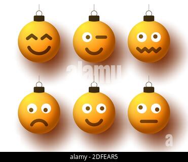 Lot de boules jaunes de noël réalistes avec un joli visage. Émoticônes sur les jouets à bulles. Vecteur pour la décoration Noël arbre. Élément de design Happy New Illustration de Vecteur