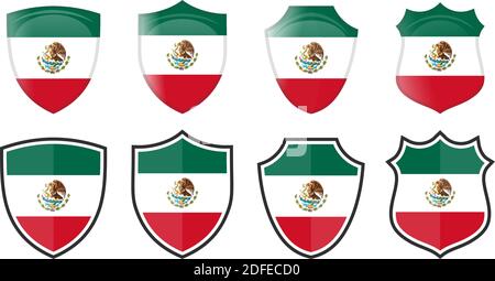 Drapeau mexicain vertical en forme de bouclier, quatre versions 3d et simples. Mexique icône / signe Illustration de Vecteur