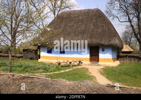 Musée du village, Bucarest, Roumanie. Authentique maison du XIXe siècle du comté d'Alba, avec toit de chaume. Banque D'Images