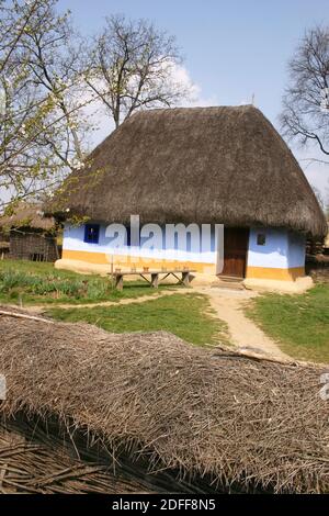 Musée du village, Bucarest, Roumanie. Authentique maison du XIXe siècle du comté d'Alba, avec toit de chaume. Banque D'Images