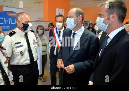 Le Premier ministre Jean Castex lors d'une visite à l'hôpital CHU de Montpellier. , sud de la France, le 11 août 2020. Photo de midi libre/pool/ABACAPRESS.COM Banque D'Images