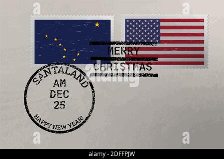 Enveloppe de timbre-poste avec drapeau de l'Alaska et des États-Unis et timbres de Noël et du nouvel an, vecteur Illustration de Vecteur