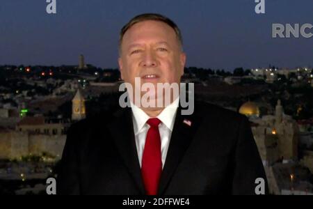 Dans cette image tirée du flux vidéo de la Convention nationale républicaine, le secrétaire d'État américain Mike Pompeo fait des remarques de Jérusalem au cours de la deuxième journée de la convention, le mardi 25 août 2020. Photo de la Convention nationale républicaine via CNP/ABACAPRESS.COM Banque D'Images