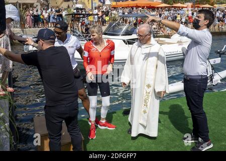 La princesse Charlene de Monaco et le prince Albert II de Monaco avant le départ du défi Vélo-eau Crossing Calvi Monaco le 12 septembre 2020 à Calvi, France. Photo d'Arnold Jerocki/Pool/ABACAPRESS.COM Banque D'Images