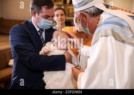Le Grand-Duc Guillaume de Luxembourg, la Couronne Grand-Duchesse Stéphanie de Luxembourg et la Comtesse Gaelle de Lannoy (la Divinité du Prince Charles de Luxembourg assistent à la célébration royale du Prince Charles de Luxembourg à l'abbaye Saint Maurice de Clervaux, le 19 septembre 2020 à Clervaux, Luxembourg. Photo via Sophie Margue/Cour Grand-Ducale/Pool/ABACAPRESS.COM Banque D'Images