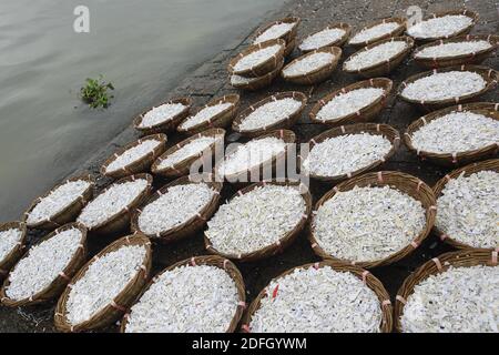 Seaux pleins de matières plastiques usées vues sur la rive du fleuve Buriganga, à Dhaka, au Bangladesh, le 26 septembre 2020. Il y a environ 12-13 ans, le fleuve Buriganga était une voie d'eau populaire pour la communication et le transport de marchandises lorsqu'il coulait à travers Rasulpur à Kamrangirchar. Cependant, le Burigang ne peut plus être appelé une rivière car il a tellement rétréci qu'il est maintenant plus étroit qu'un canal. Les habitants de la région l'appellent maintenant une « rivière en plastique », même s'ils ont admis à la polluer avec des déchets en plastique. Dans la ville de Dhaka, plus de 14 millions de sacs en polyéthylène sont jetés chaque jour Banque D'Images