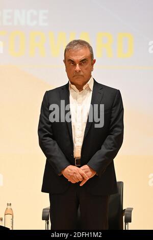 Carlos Ghosn, ancien patron de Nissan-Renault, tient une conférence de presse commune à l'Université Saint-Esprit de Kaslik, Jounieh, au nord de Beyrouth, au Liban, le 29 septembre 2020. Neuf mois après sa spectaculaire fuite de Tokyo à Beyrouth, l'exécutif libanais-français a dévoilé un plan pour secouer l'école de commerce. Photo par Ammar Abd Rabbo/ABACAPRESS.COM Banque D'Images