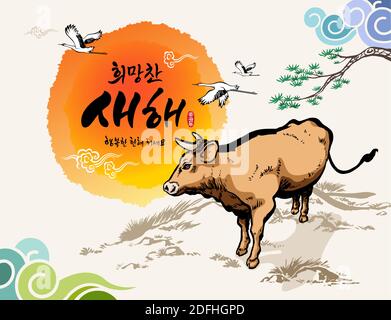 Bonne année, traduction de texte coréen: Bonne année, Calligraphie, vaches saluant le lever du soleil de la nouvelle année 2021. Pinceau Illustration de Vecteur