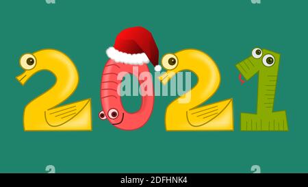 Bonne année 2021. Numéros enfants. Noël. Chiffres mignons. Chapeau du Père Noël. Banque D'Images