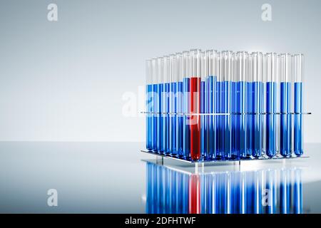 Tubes à essai avec liquide rouge ou bleu dans un support. Laboratoire d'essais, installation d'essais chimiques, essais médicaux. Copier l'espace Banque D'Images