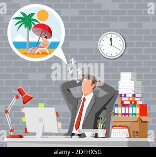 Homme d'affaires personnage rêvant de vacances. Homme d'affaires fatigué ou employé de bureau dormant sur le lieu de travail. Stress au travail. Bureaucratie, paperasserie, date limite. Illustration vectorielle de style plat Illustration de Vecteur