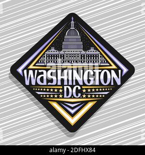 Logo Vector pour Washington, badge noir de losange avec illustration du bâtiment Capitol sur fond de ciel crépuscule, design artistique aimant de réfrigérateur touristique Illustration de Vecteur