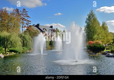 Belles fontaines dans le parc Mezhyhirya près de Kiev, Ukraine Banque D'Images