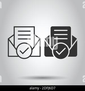 Enveloppe avec l'icône document confirmé dans le style. Vérifier vector illustration sur fond blanc isolé. Recevoir concept d'entreprise. Illustration de Vecteur