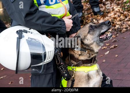 Brême, Allemagne. 05e décembre 2020. Un chien de police aboie devant les manifestants. La police de Brême voulait imposer l'interdiction d'une manifestation de penseur latéral contre la politique de Corona à la gare centrale, qui a également été confirmée par la Cour constitutionnelle fédérale samedi. Dans l'après-midi, la plupart des participants à des contre-manifestations qui n'avaient pas été interdites s'y sont rassemblés. Credit: Sina Schuldt/dpa/Alay Live News Banque D'Images