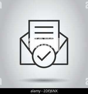 Enveloppe avec l'icône document confirmé dans le style. Vérifier vector illustration sur fond blanc isolé. Recevoir concept d'entreprise. Illustration de Vecteur