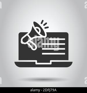 Ordinateur portable avec icône de haut-parleur mégaphone à plat. Illustration vectorielle de l'avertisseur sonore du portable sur fond blanc isolé. Abonnement informatique entreprise conc Illustration de Vecteur