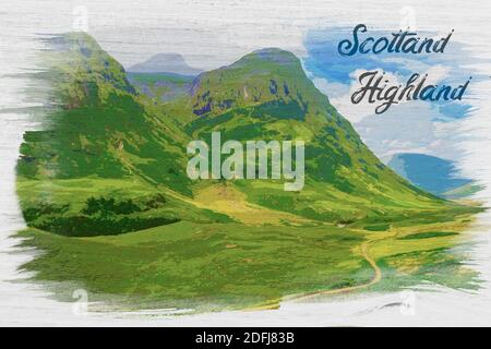 Montagnes de Glencoe dans les Highlands, Écosse, peinture aquarelle, Europe Banque D'Images