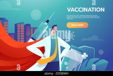 Le Docteur Hero dans un cloak rouge est sur la protection contre les virus. L'inscription Stop Caronavirus. Illustration du dessin animé à plat vectoriel Illustration de Vecteur