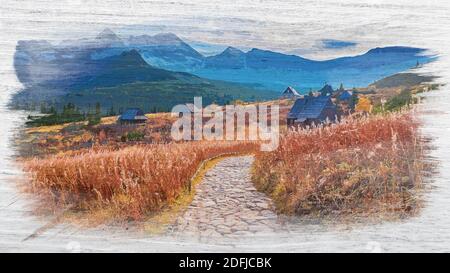 Peinture aquarelle de la montagne Tatra en automne, Pologne, Europe Banque D'Images