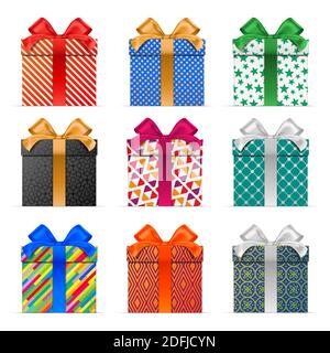 Boîtes-cadeaux vectorielles colorées avec différents motifs Illustration de Vecteur