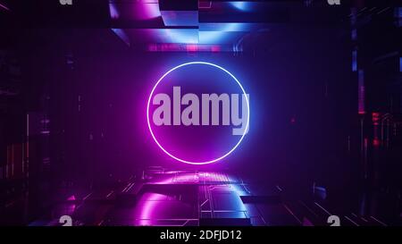 Abstrait futuriste rétro avec un cercle néon bleu et violet lumineux au centre d'une illustration de rendu 3D de couloir métallique de science-fiction. Arrière-plan, Banque D'Images