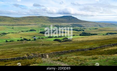 Ingleborough (haute montagne ou colline), gamme de collines ou de collines et de vallées ensoleillées dans la campagne pittoresque de Dales - Ribblesdale, Yorkshire, Angleterre, Royaume-Uni Banque D'Images