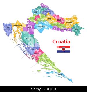 Carte vectorielle haute détaillée des municipalités de Croatie colorées par comtés. Drapeau de la Croatie Illustration de Vecteur