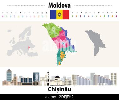 Carte des divisions administratives de Moldova. Drapeau de la Moldavie. Paysage urbain de Kishinev. Illustration vectorielle Illustration de Vecteur