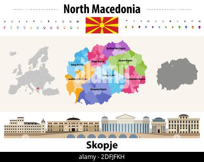 Carte des divisions administratives de la Macédoine du Nord. Drapeau de la Macédoine du Nord. Paysage urbain de Skopje. Illustration vectorielle Illustration de Vecteur