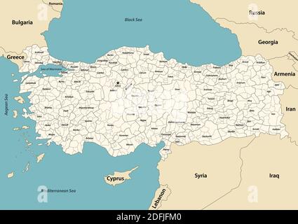 Carte vectorielle des provinces et districts de Turquie avec les pays voisins et territoires Illustration de Vecteur