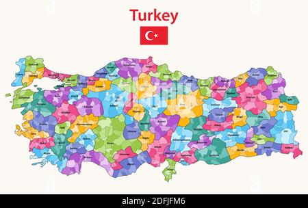 Turquie distrcts colorés par les provinces carte vectorielle haute détaillée Illustration de Vecteur