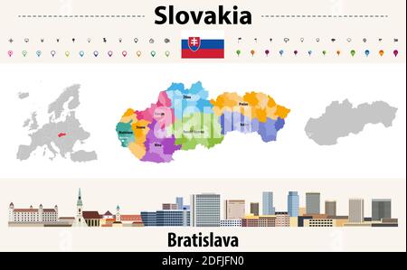 Carte des divisions administratives de la Slovaquie. Drapeau de la Slovaquie. Panorama urbain de Bratislava. Illustration vectorielle Illustration de Vecteur