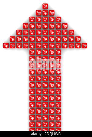 Une croissance de 90 %. Symbole de flèche fabriqué à partir de cubes. Flèche rouge composée de cubes rouges marqués de quatre-vingt-dix pourcentages. Isolé. Illustration 3D Banque D'Images