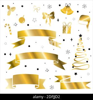 Ensemble de silhouettes aux arbres de Noël dorés. Collection d'icônes d'or isolées de vecteur de décoration de sapin d'épicéa à feuilles persistantes. Illustration de Vecteur