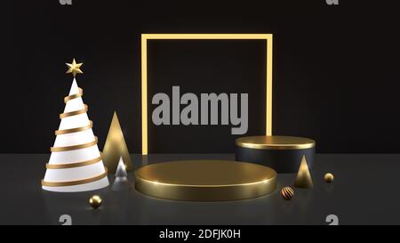 réalisation en 3d d'un podium de luxe avec arbres de noël sur fond noir arrière-plan Banque D'Images